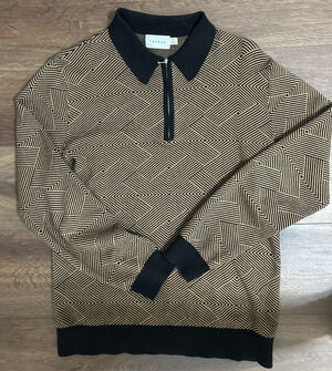 Top Man 1/4 Zip Men's Polo Shirt Size XS Long Sleeve Pattern Knit Gold Black